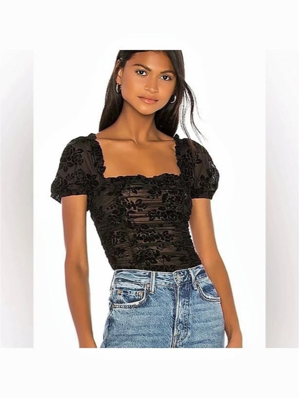 Majorelle Julius Bodysuit Black Floral Ruched Puff Sleeve